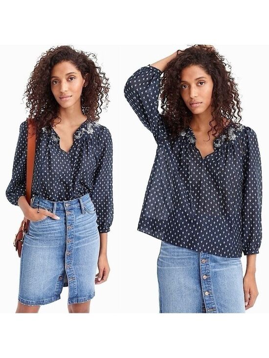 J. Crew Tops - J. Crew Point Sur Embroidered Block Print Peasant Top